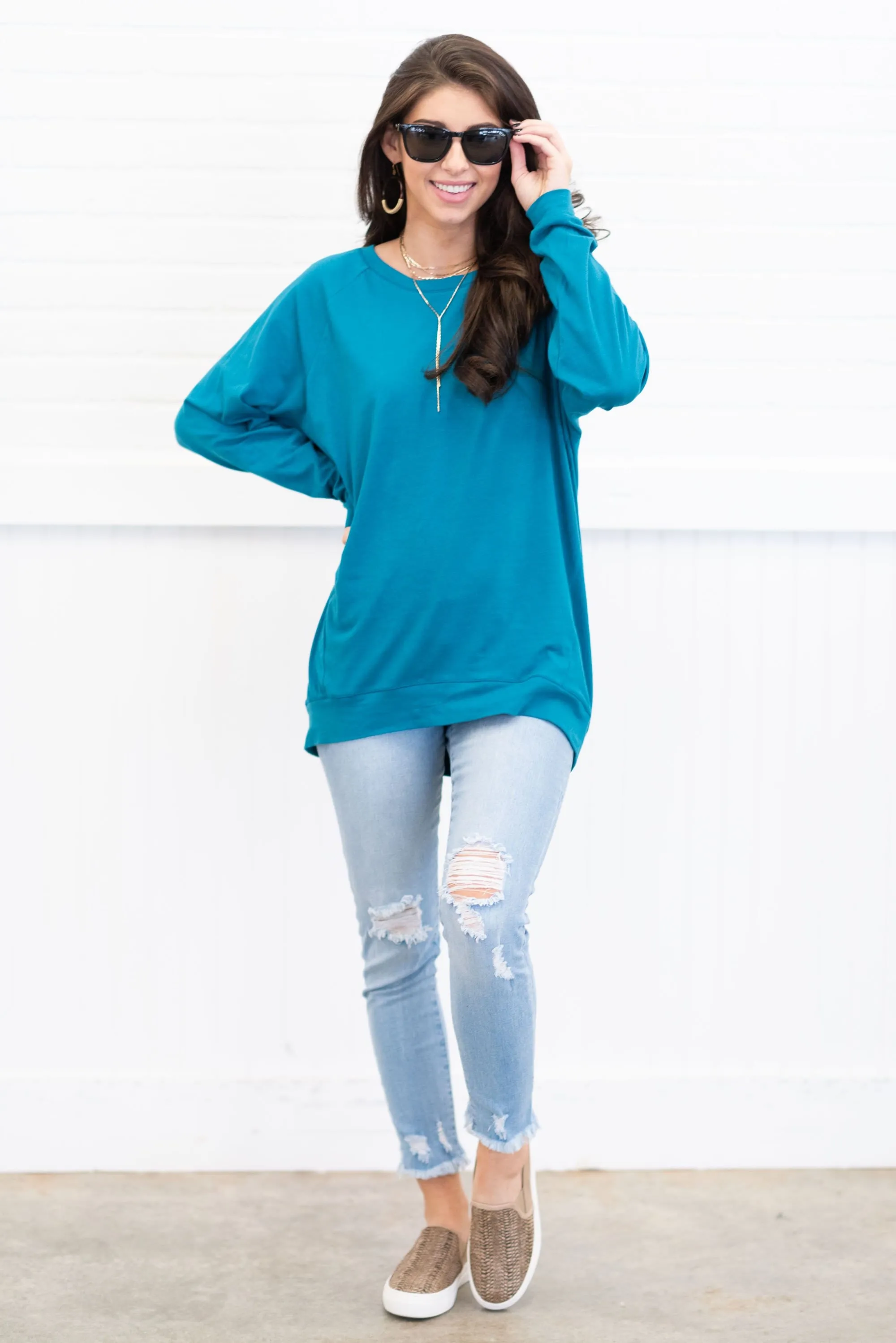 Slouchy Dolman Teal Blue Long Sleeve Tunic