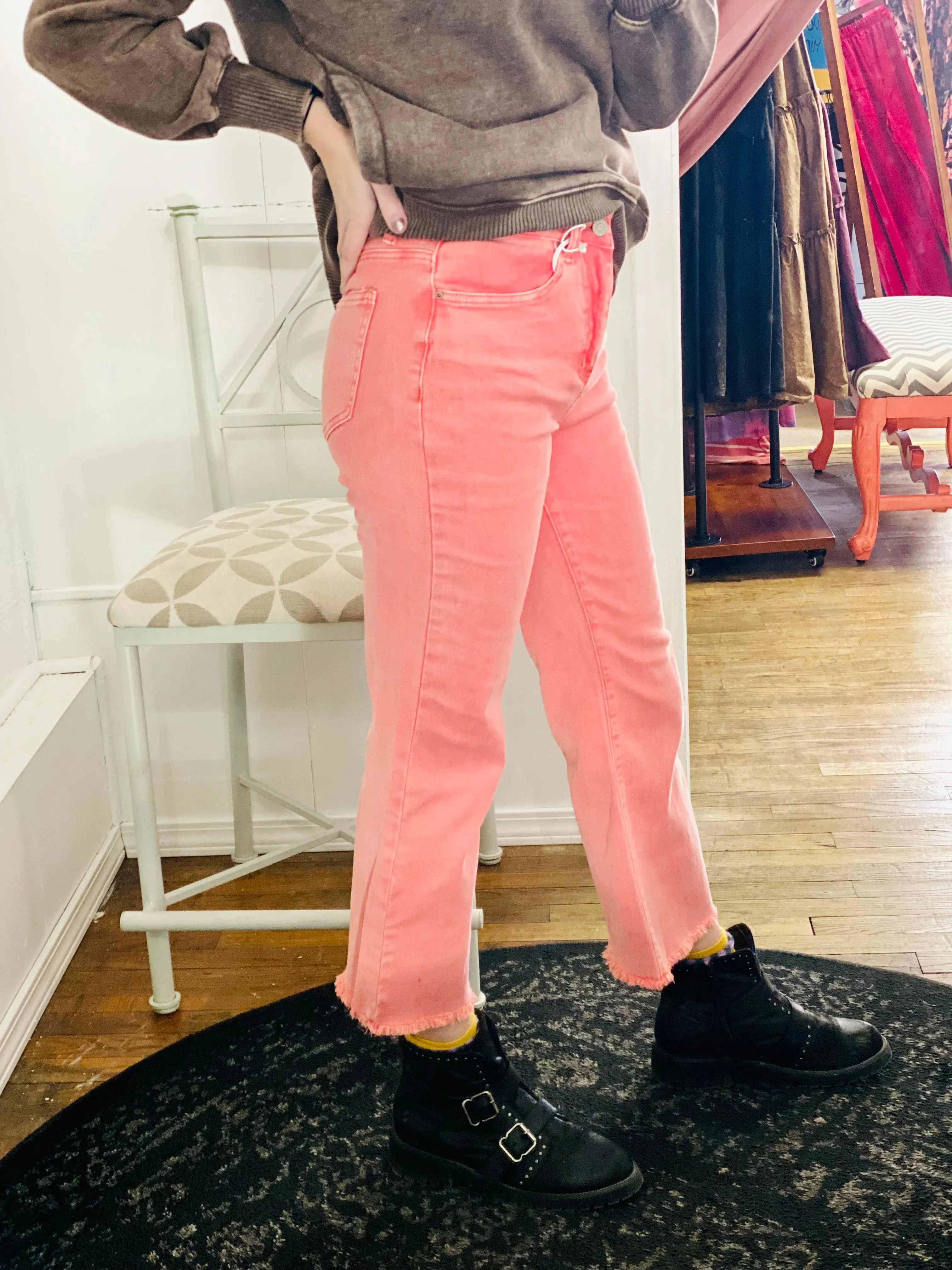 South Side Denim Crop Flare Jeans - Pink