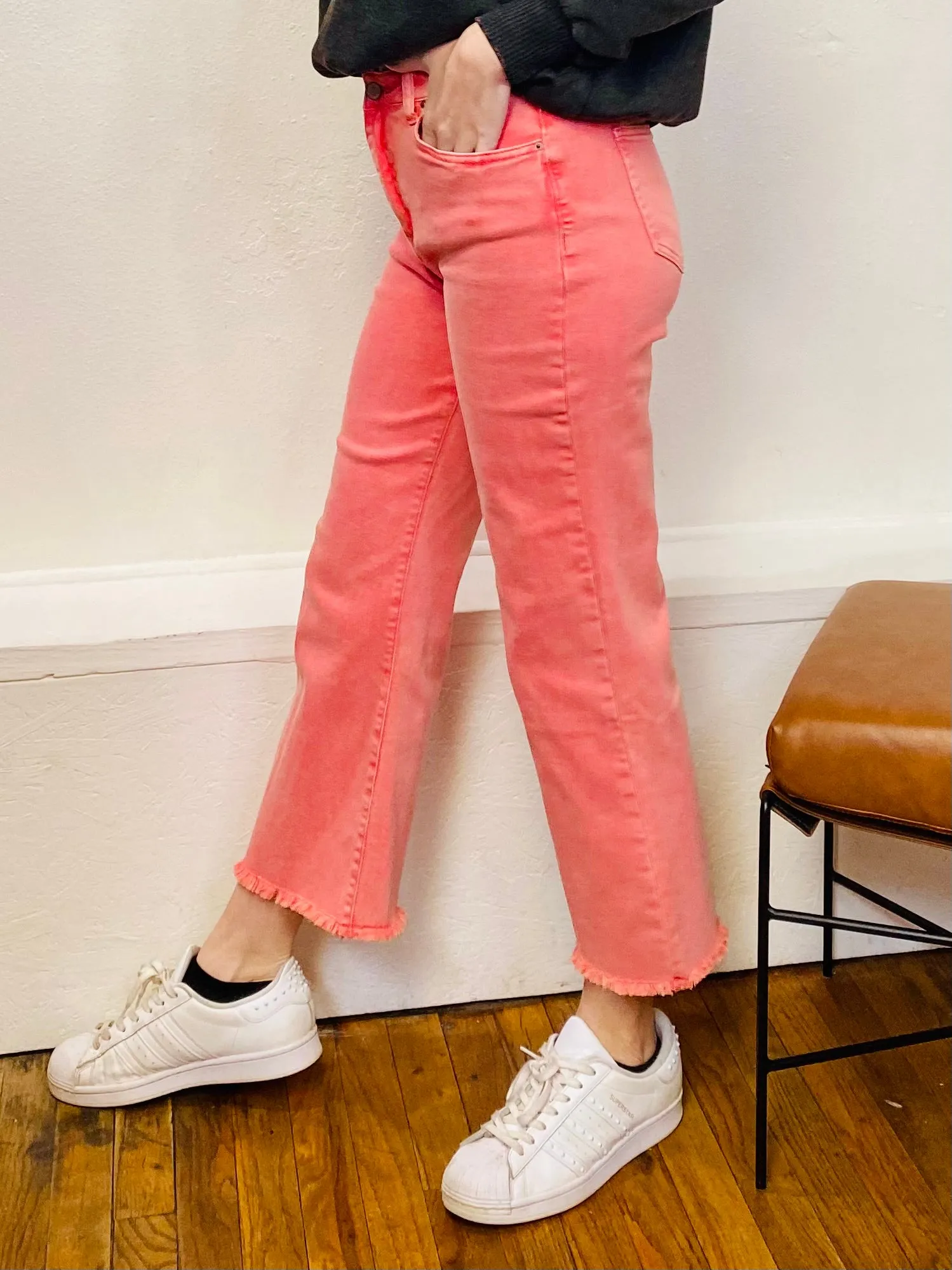 South Side Denim Crop Flare Jeans - Pink