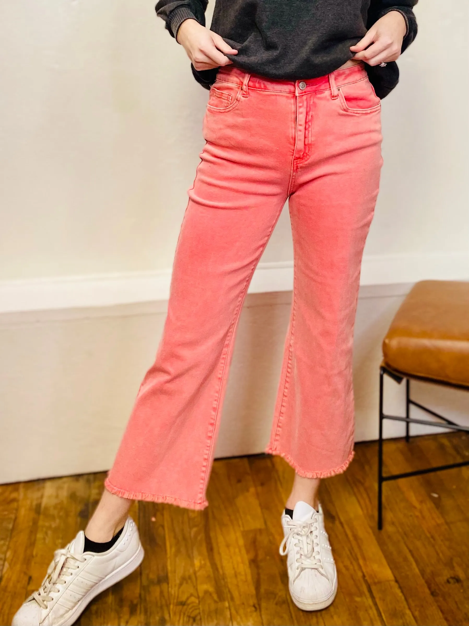 South Side Denim Crop Flare Jeans - Pink