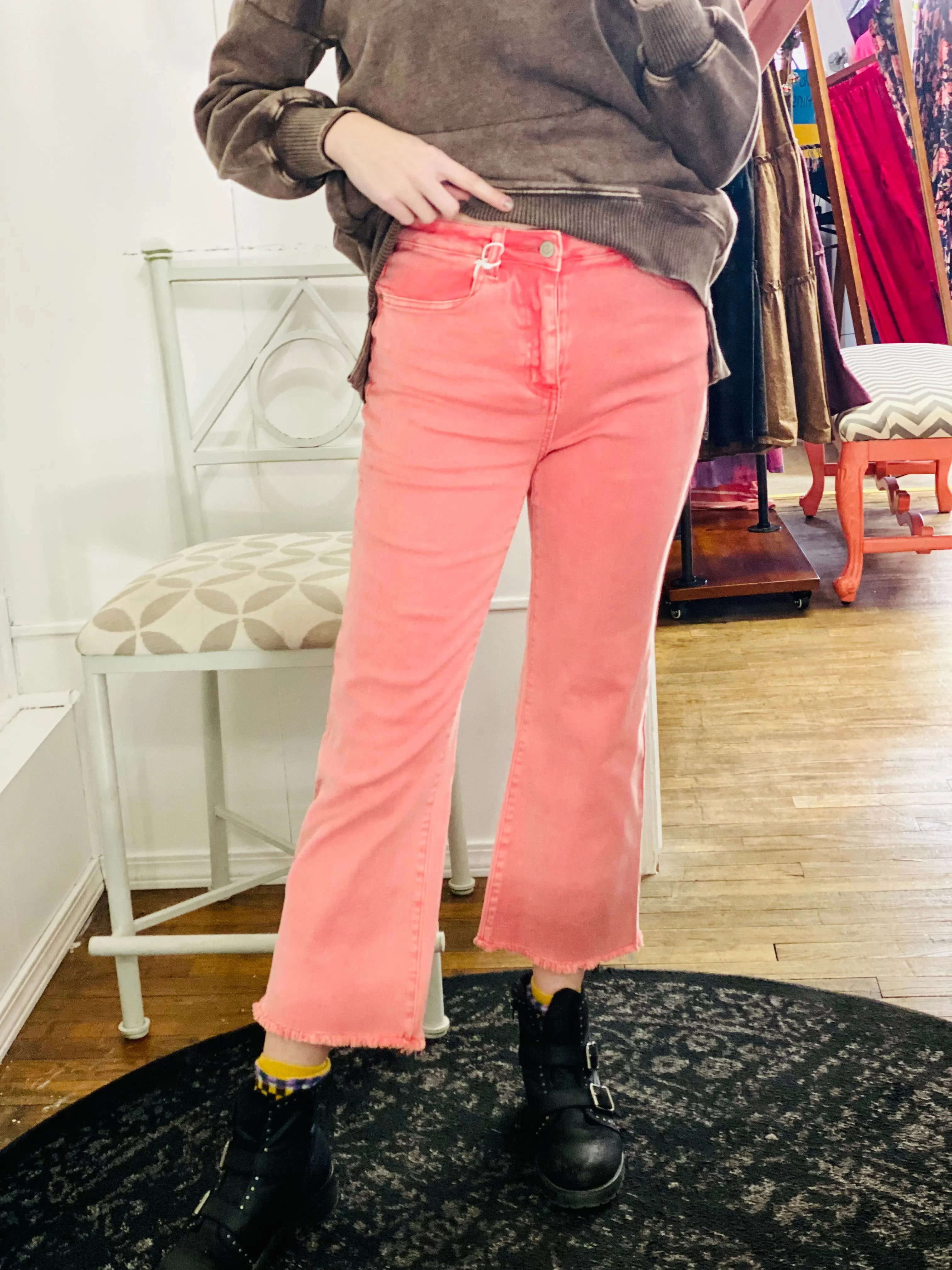 South Side Denim Crop Flare Jeans - Pink