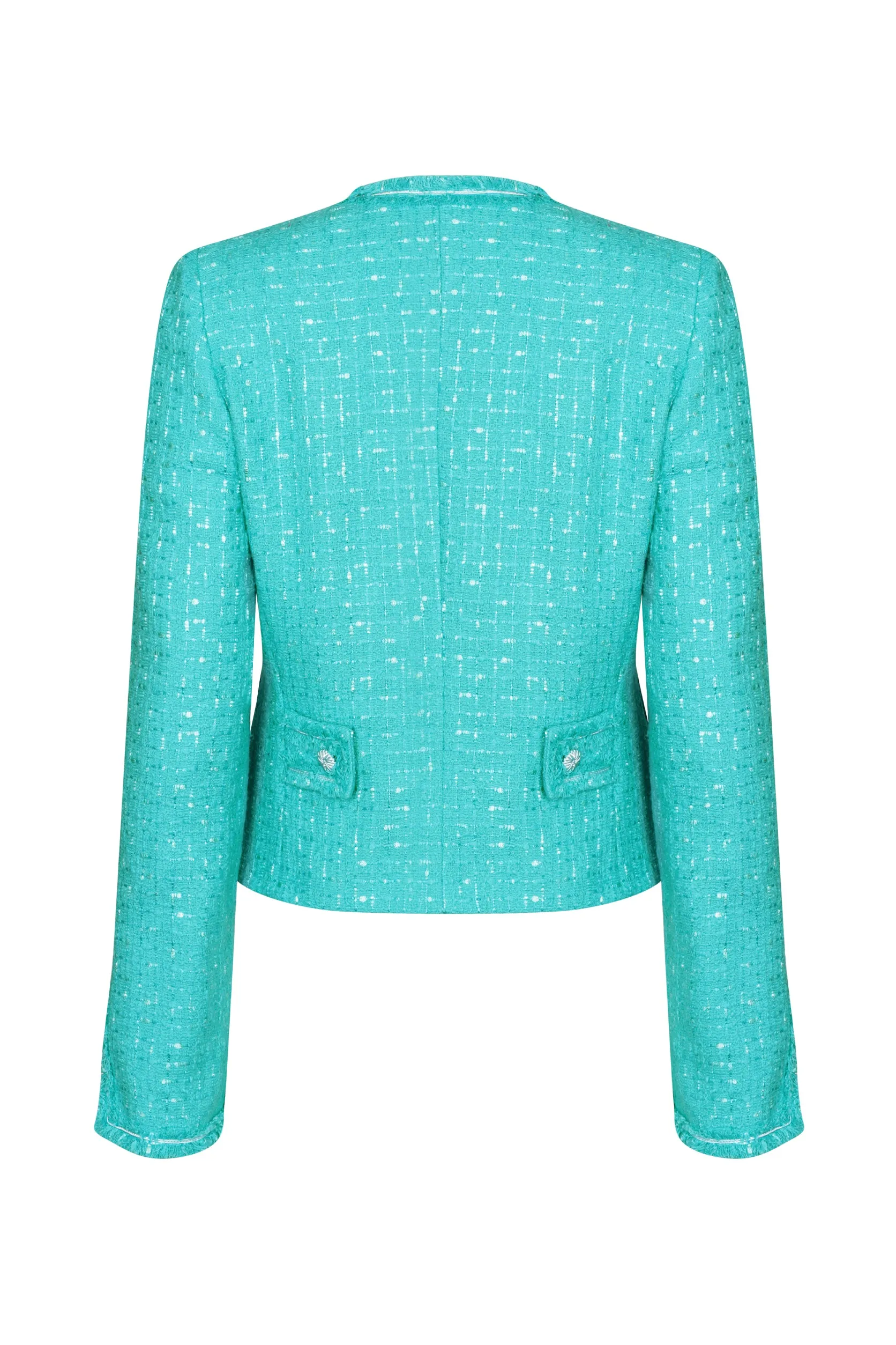 Turquoise Plain Tweed Short Jacket with Fringe Edging - Carrie