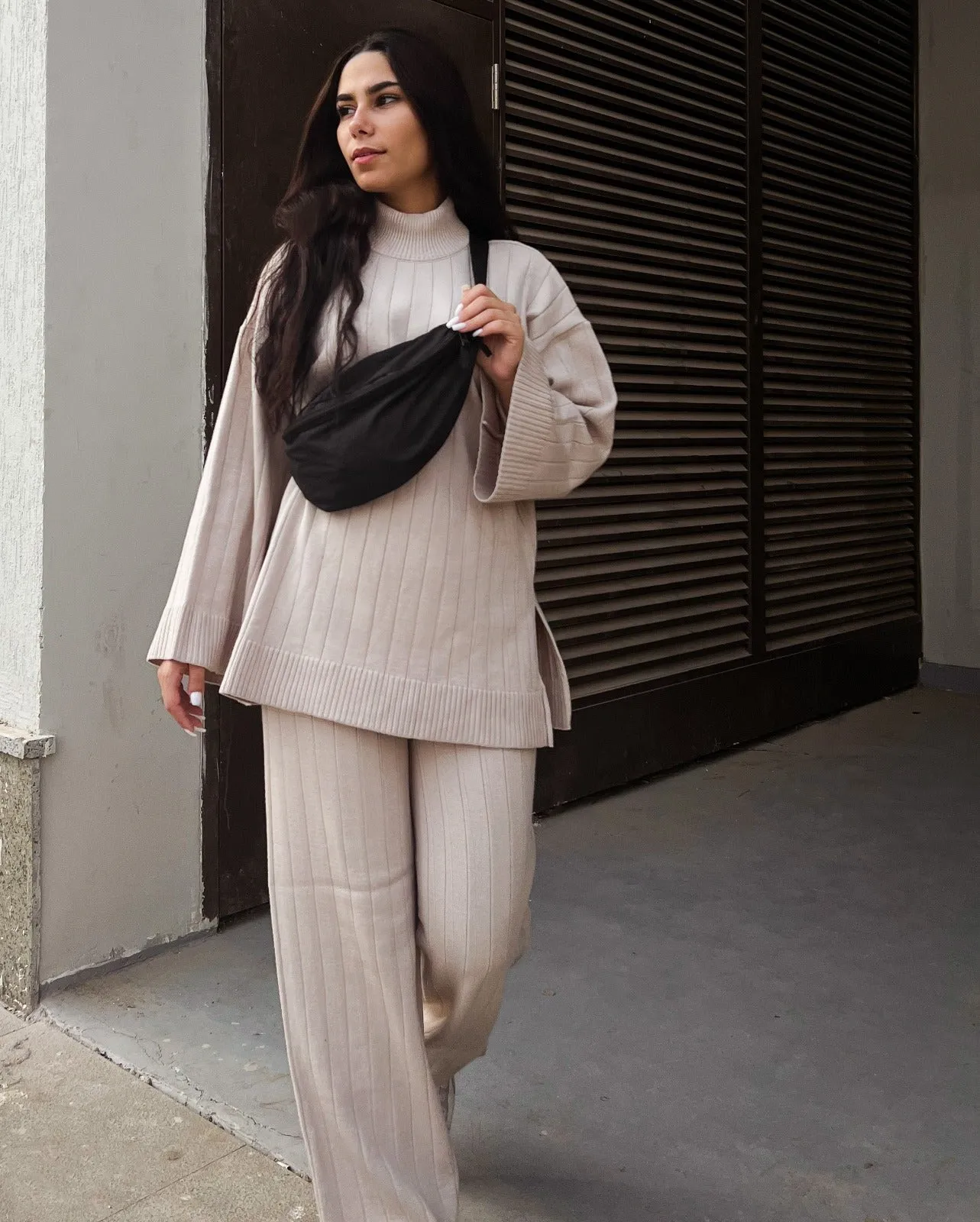 Turtleneck Knit Set Beige