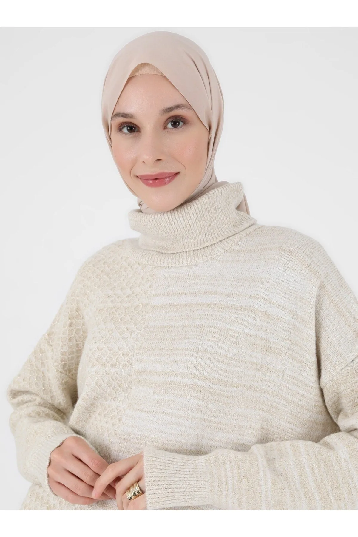 Turtleneck Silvery Knitwear Tunic - Modanisa