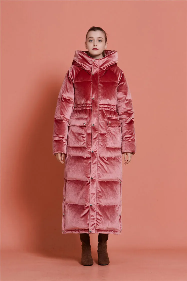 Velvet Hooded Goose Down Puffer Maxi Coat