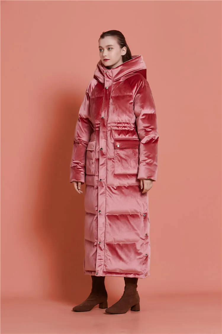 Velvet Hooded Goose Down Puffer Maxi Coat