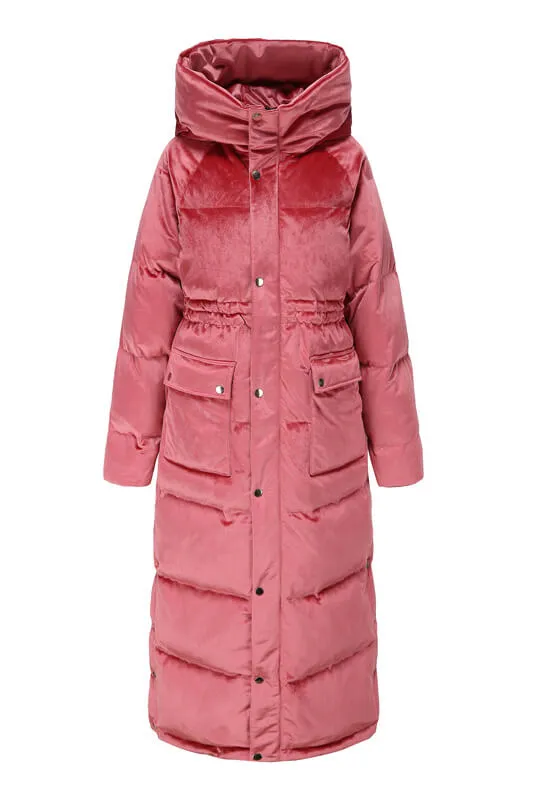 Velvet Hooded Goose Down Puffer Maxi Coat