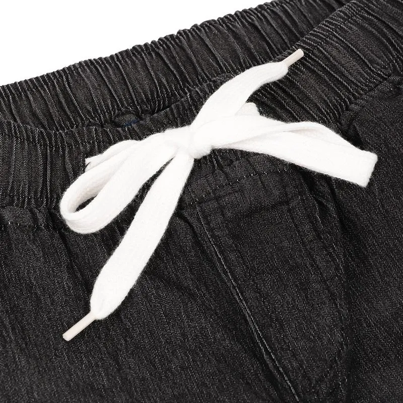 Washed Solid Drawstring Straight Jeans