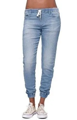 Washed Solid Drawstring Straight Jeans