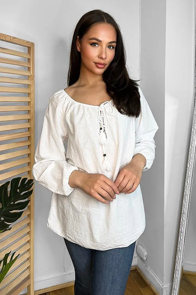 White Cotton Tassel Ties Tunic