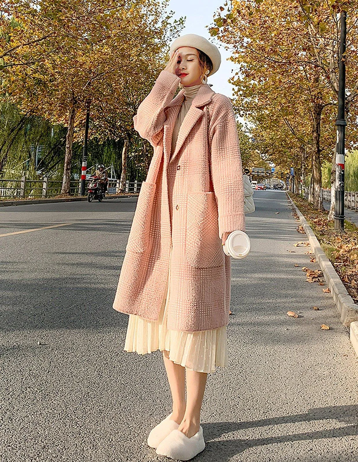 Winter pink plaid fleece coat Women Wool Blend coat Notched lapel drop waist Oversize Trench Woolen Coat Loose Overcoat fall coat outerwear