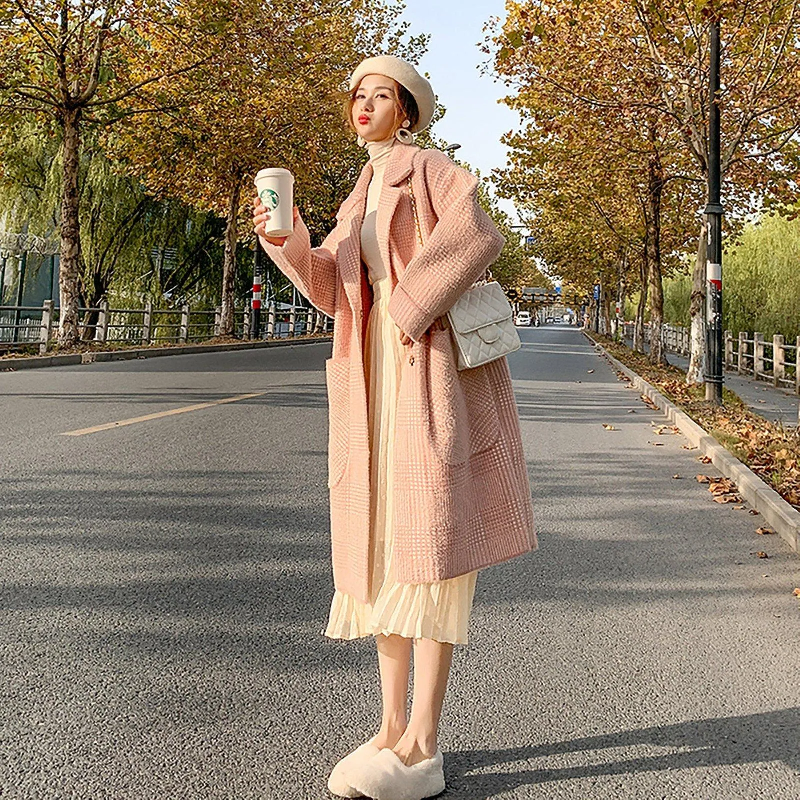 Winter pink plaid fleece coat Women Wool Blend coat Notched lapel drop waist Oversize Trench Woolen Coat Loose Overcoat fall coat outerwear