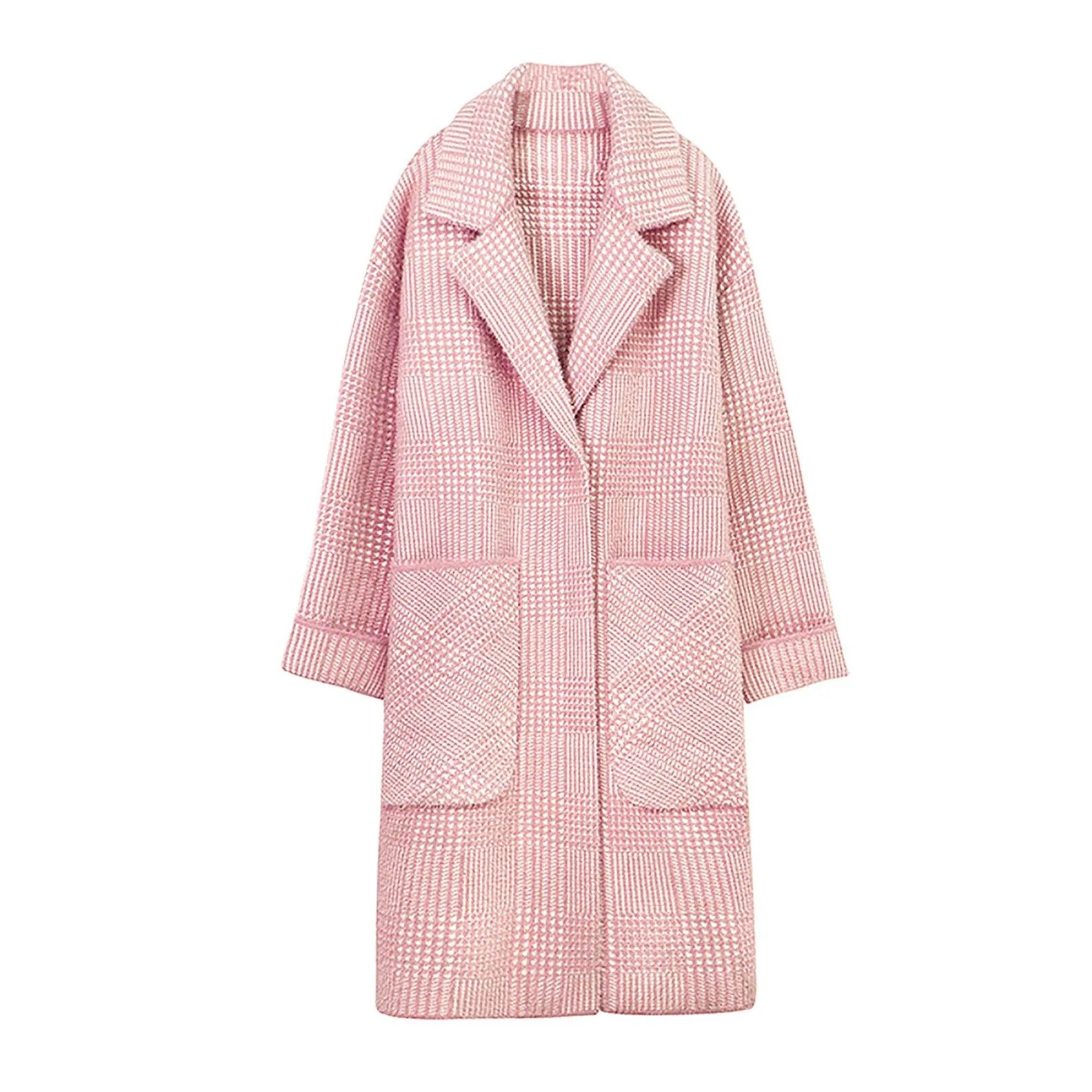 Winter pink plaid fleece coat Women Wool Blend coat Notched lapel drop waist Oversize Trench Woolen Coat Loose Overcoat fall coat outerwear