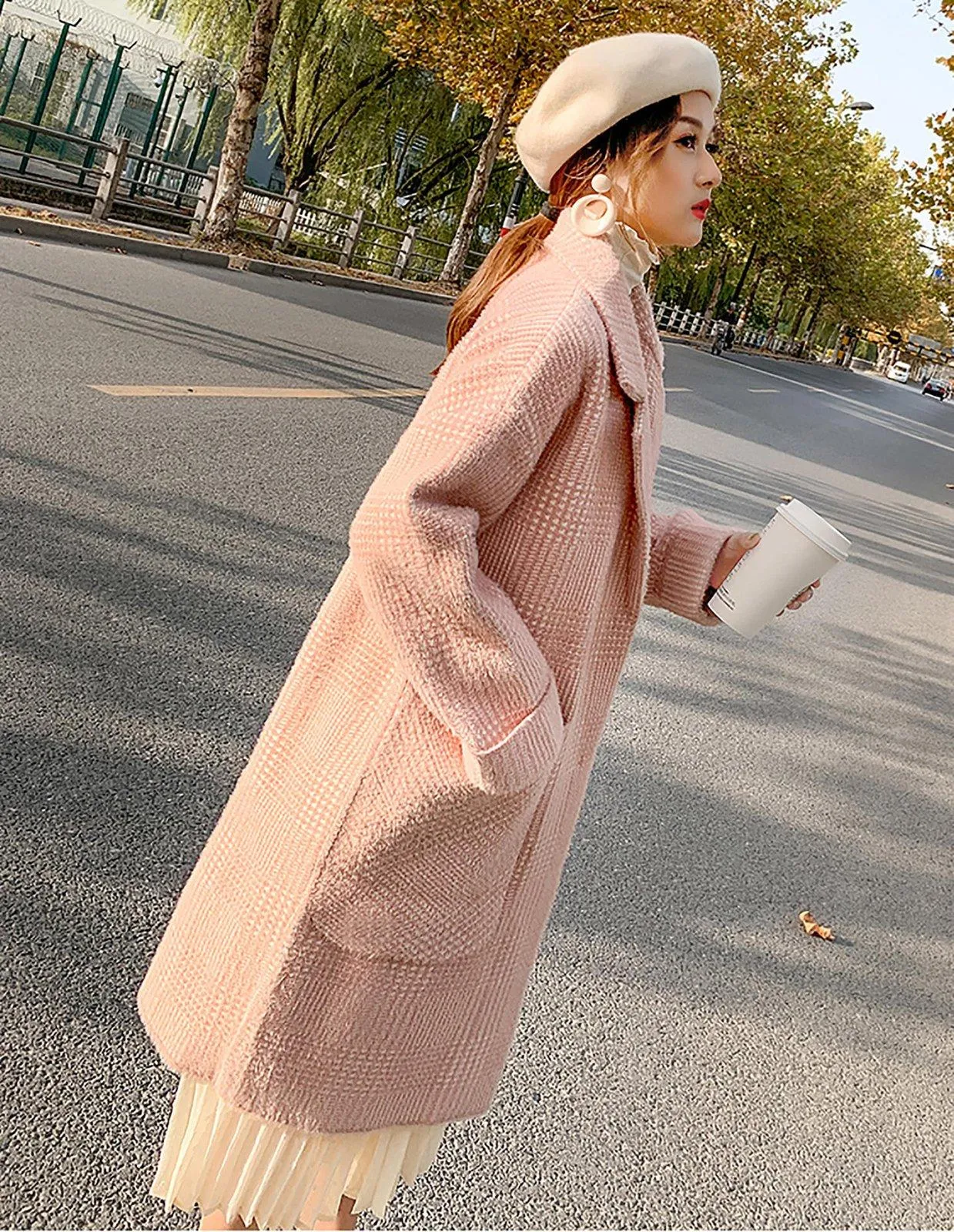 Winter pink plaid fleece coat Women Wool Blend coat Notched lapel drop waist Oversize Trench Woolen Coat Loose Overcoat fall coat outerwear