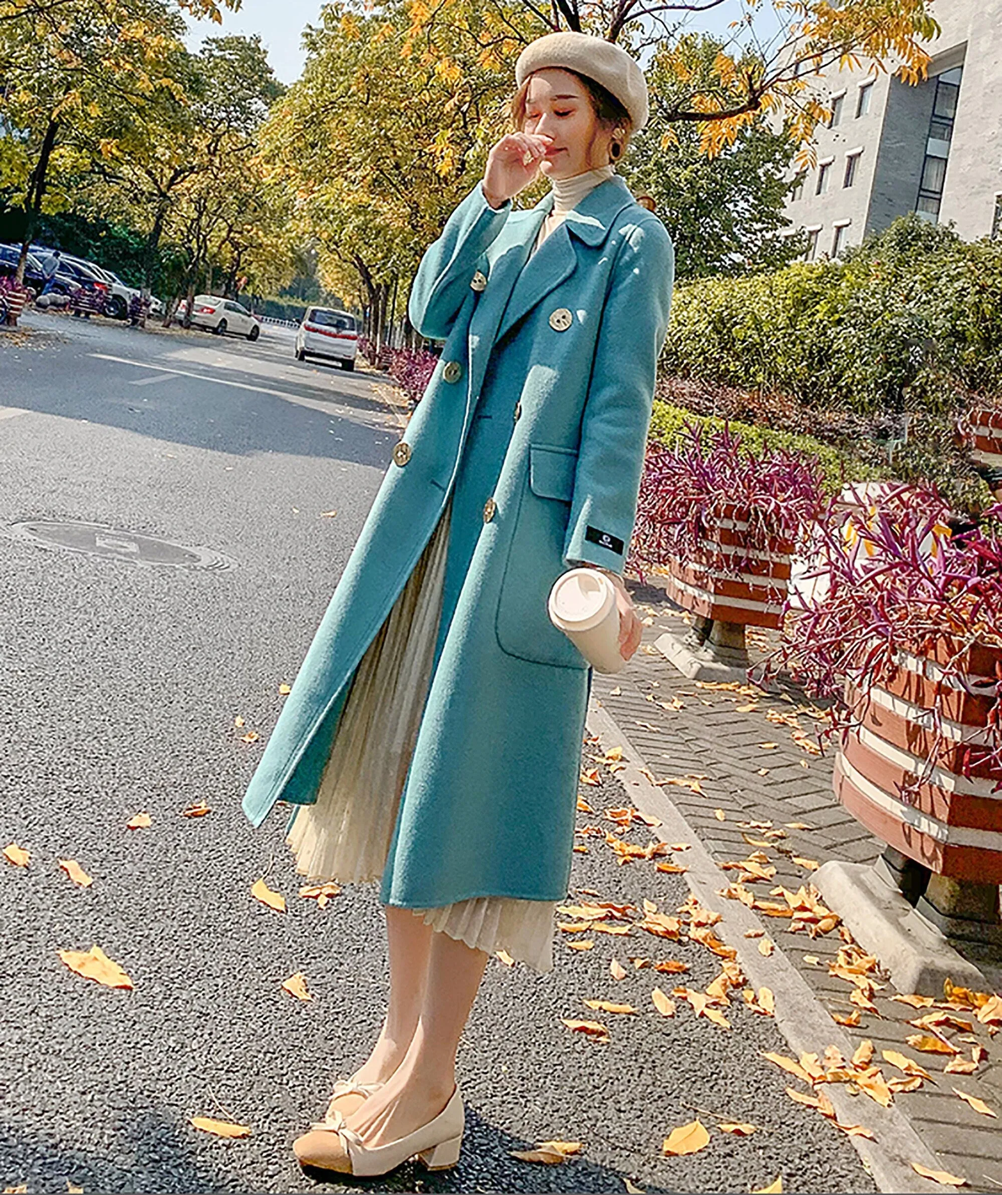 Women Blue double-faced Wool cashmere coat Double-breasted woolen coat Winter wool Blend Overcoat Shift Waist Belted fall coat outerwear