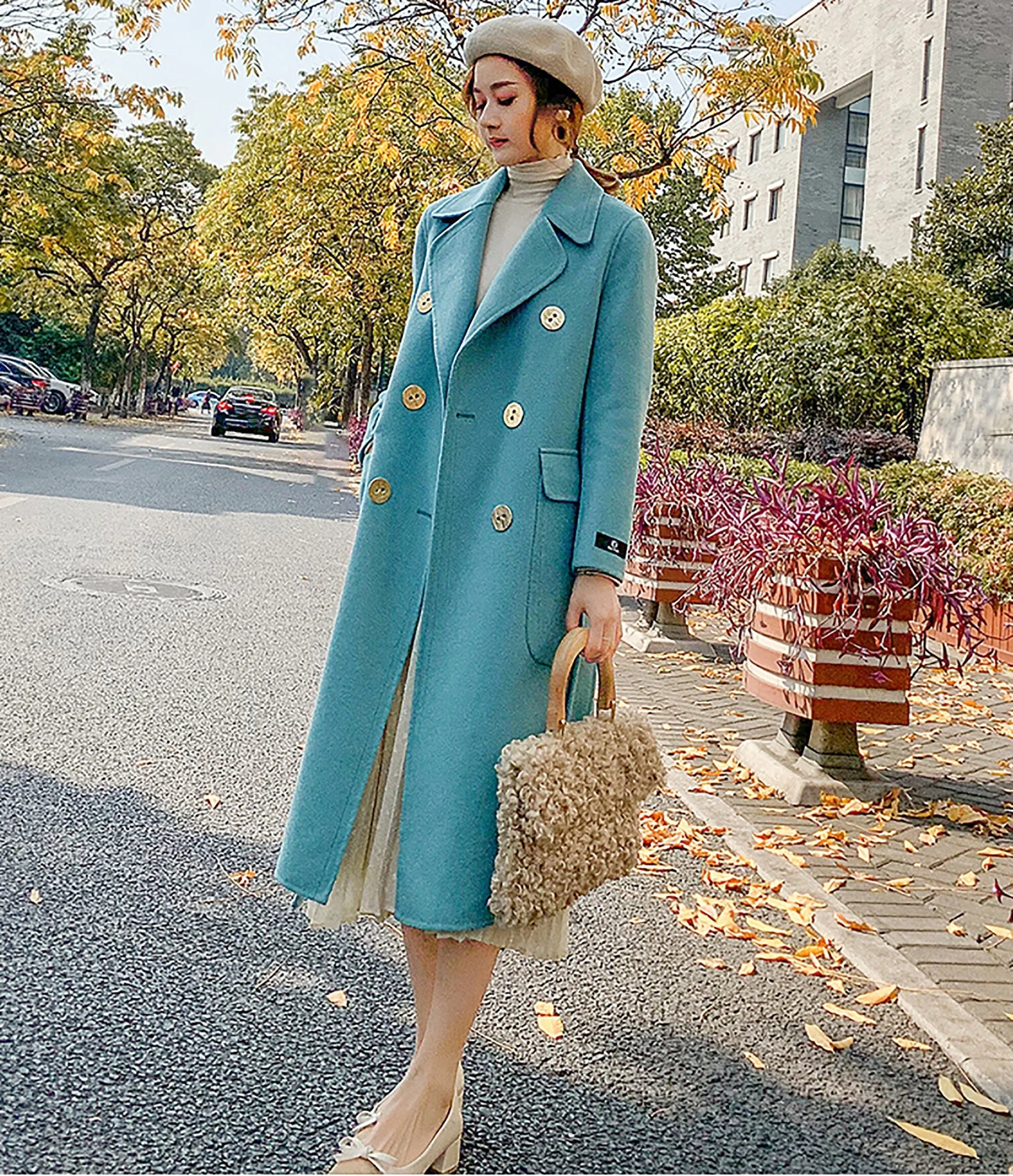 Women Blue double-faced Wool cashmere coat Double-breasted woolen coat Winter wool Blend Overcoat Shift Waist Belted fall coat outerwear