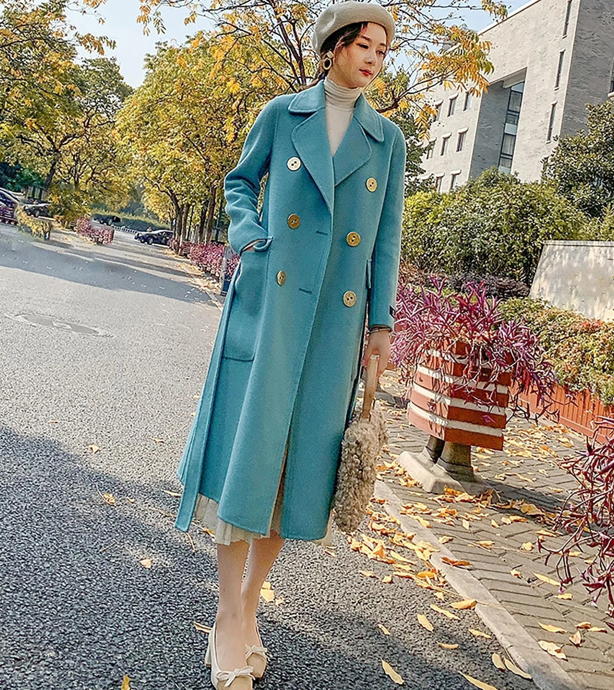 Women Blue double-faced Wool cashmere coat Double-breasted woolen coat Winter wool Blend Overcoat Shift Waist Belted fall coat outerwear