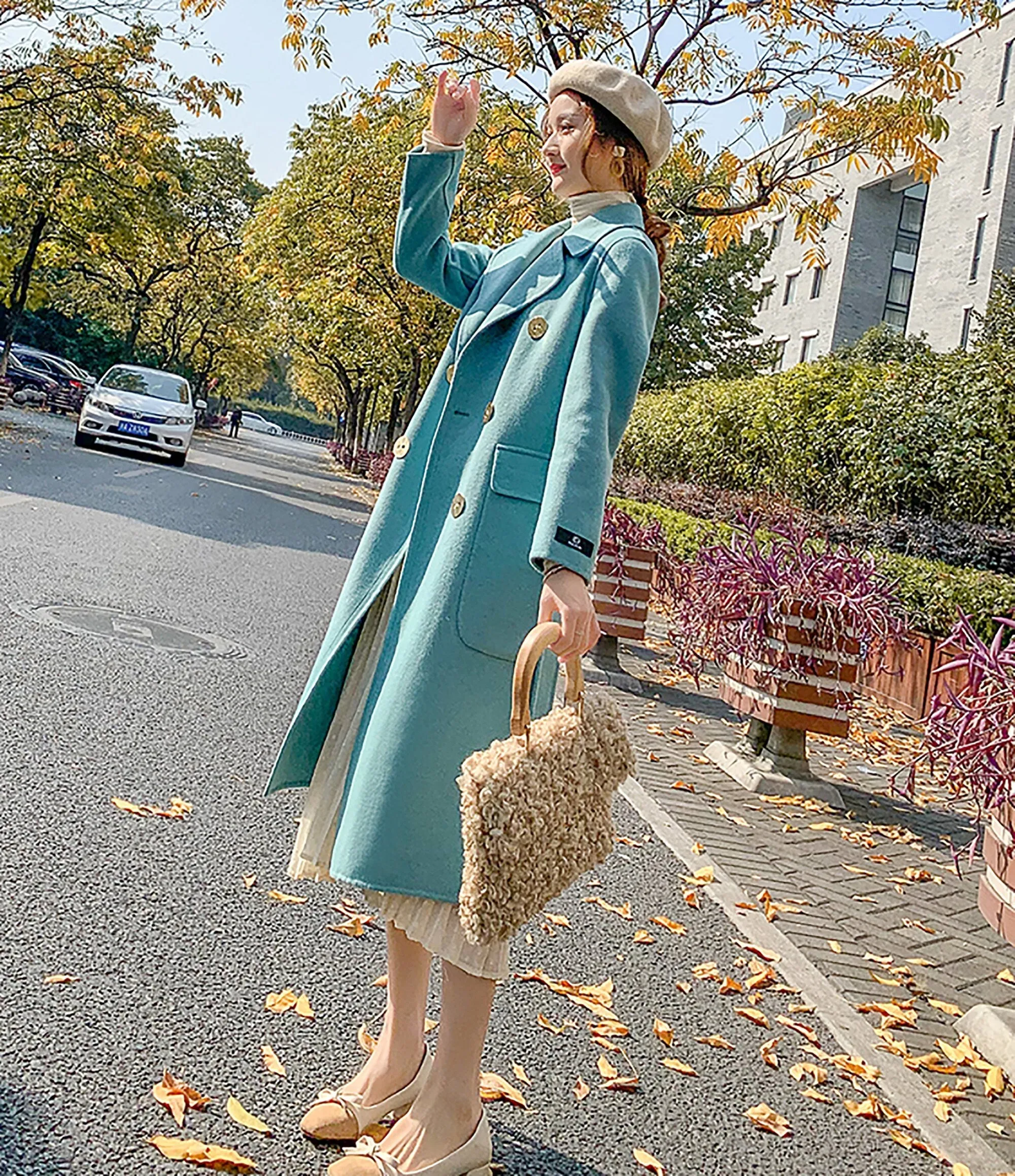 Women Blue double-faced Wool cashmere coat Double-breasted woolen coat Winter wool Blend Overcoat Shift Waist Belted fall coat outerwear