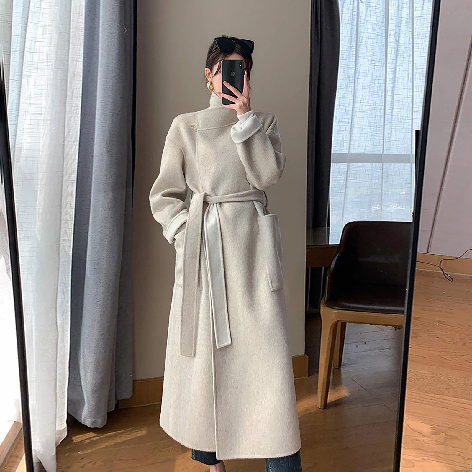 Women Camel Wool Long coat,Grey White Wool Coat,Double Face Wool Coat,Beige Wool Coat,Wool Overcoat,Winter Coat Women,Loose Long Wool Coat