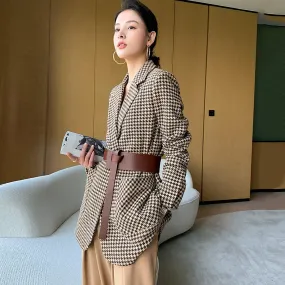 Women Grid Woolen Coat,Wool Blazer Coat,Women Wool Overcoat,Business Belt Coat,Autumn Winter Coat,Women Outerwear,Wool Jacket ,Casual coat