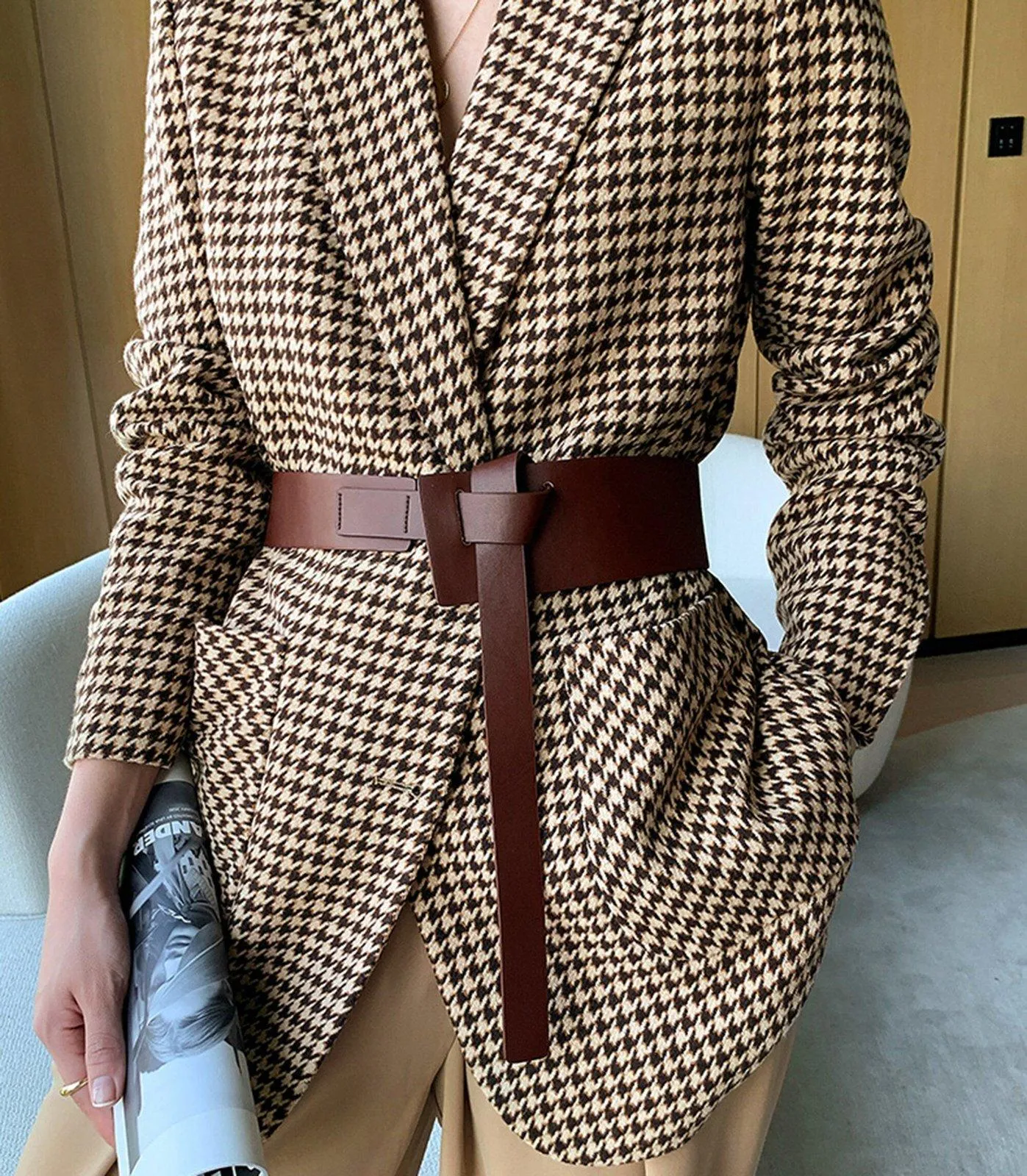 Women Grid Woolen Coat,Wool Blazer Coat,Women Wool Overcoat,Business Belt Coat,Autumn Winter Coat,Women Outerwear,Wool Jacket ,Casual coat