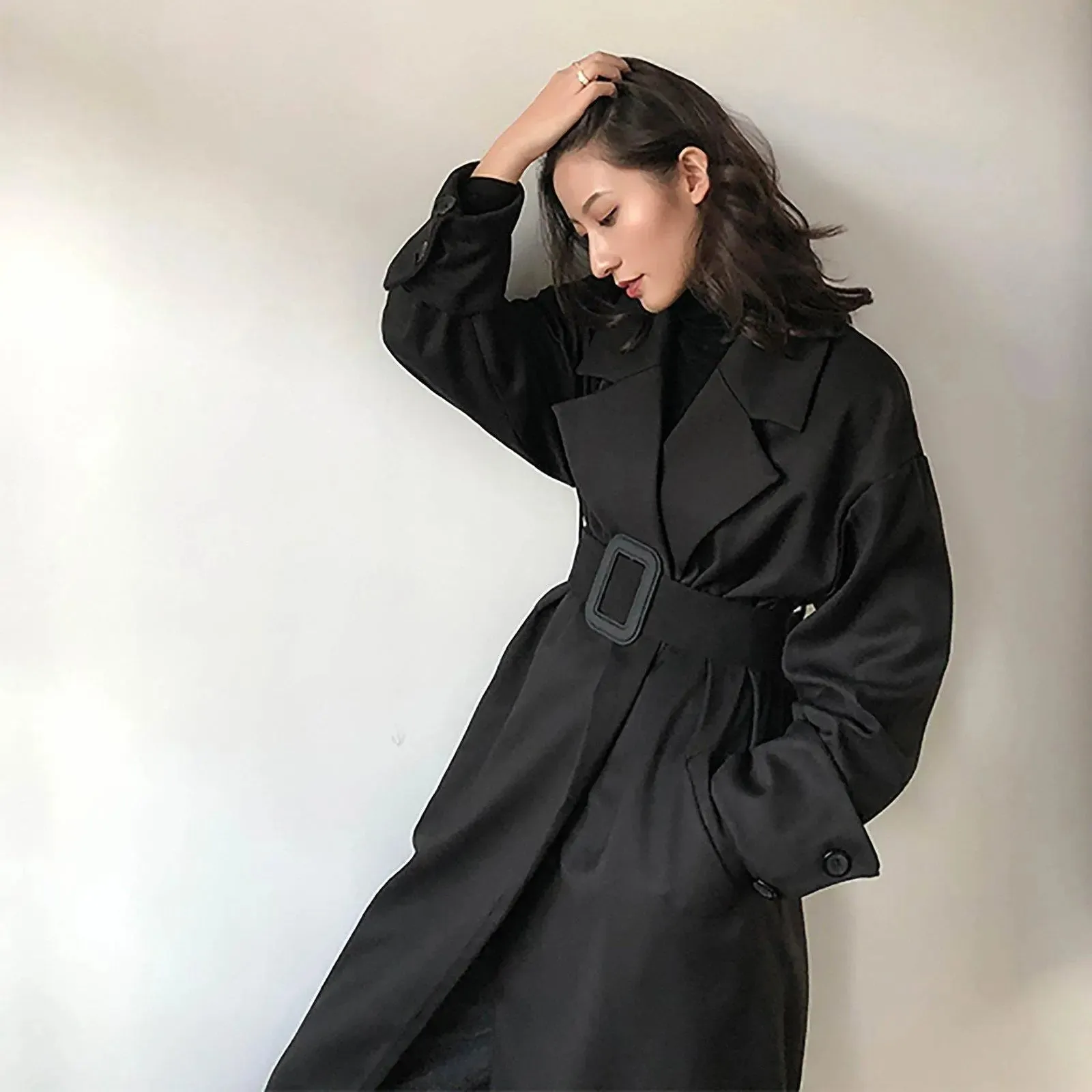 Women's Black Long Trench Coat,Fall Coat for Women,Autumn Winter Coat,Belted Over the knee Coat, Long Windbreaker,Women's Outerwear