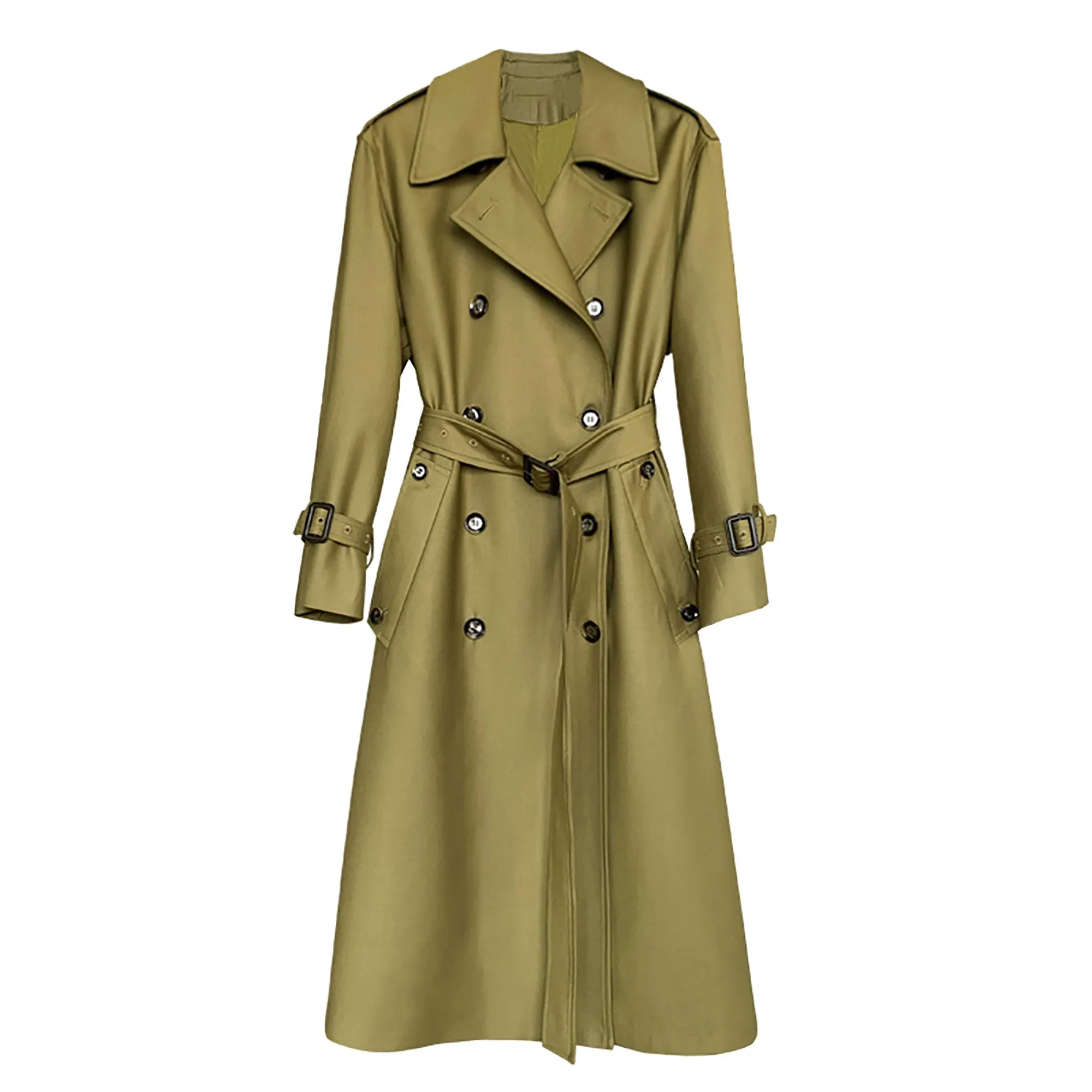 Women's Cotton Blend Windbreaker Belted Double Breasted Trench Coat,Fall Coat Long Raincoat,Green Duster coat Khaki Tench Coat Outerwear