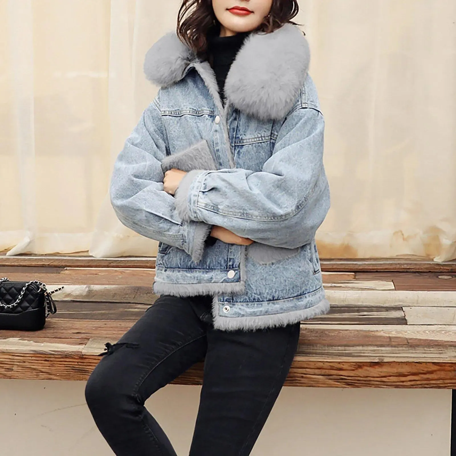 Women's Fox Fur collar Denim Jacket,Women Thermal Coat Faux Fur Lined Denim Jacket,Winter Faux Fur Coat,Relaxed Fit Jacket Coat,Denim Coat