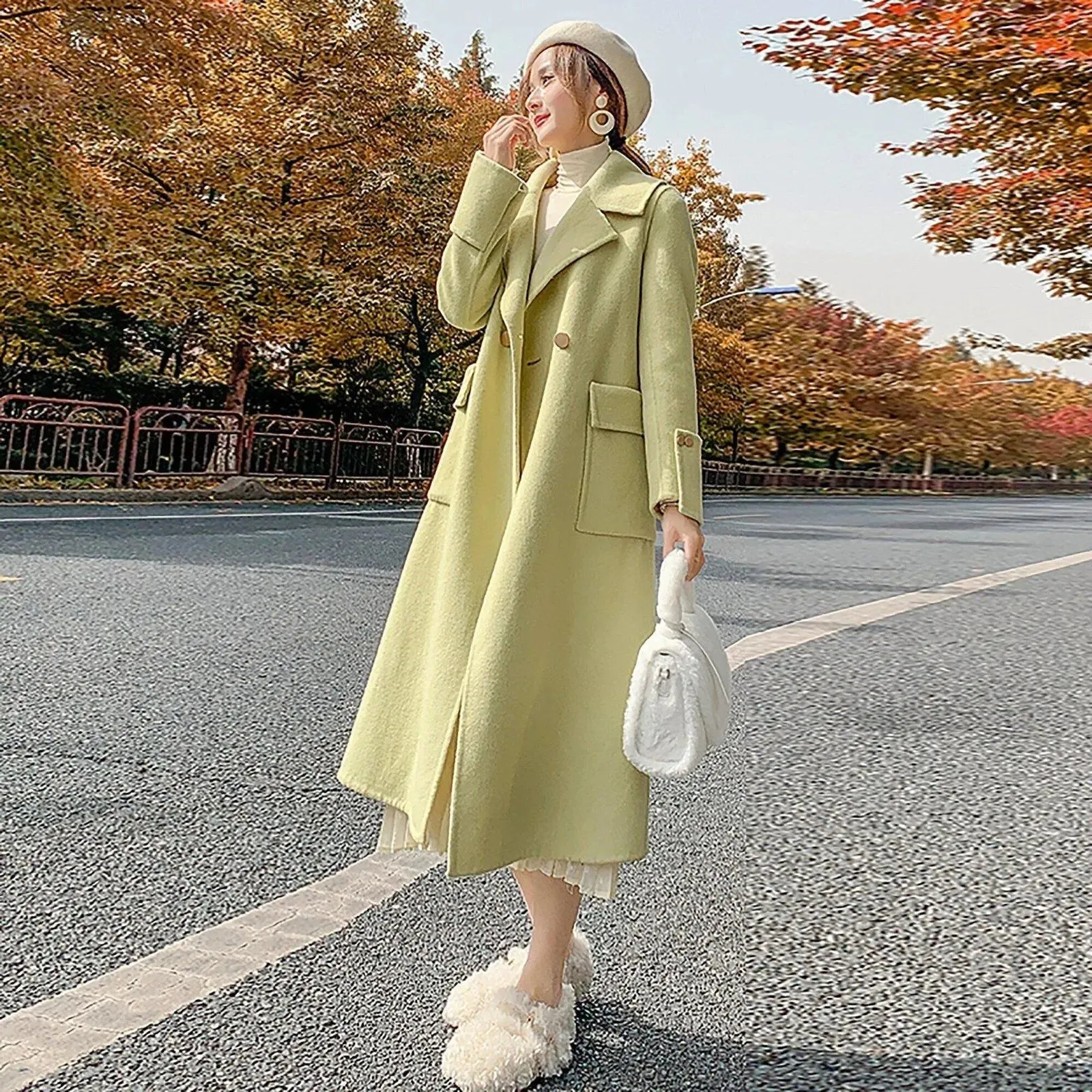 Women's Green Double-Sided wool cashmere coat Loose Oversize Woolen Overcoat Fall Winter Wool Blend Coat Double Breasted Coat Outerwear