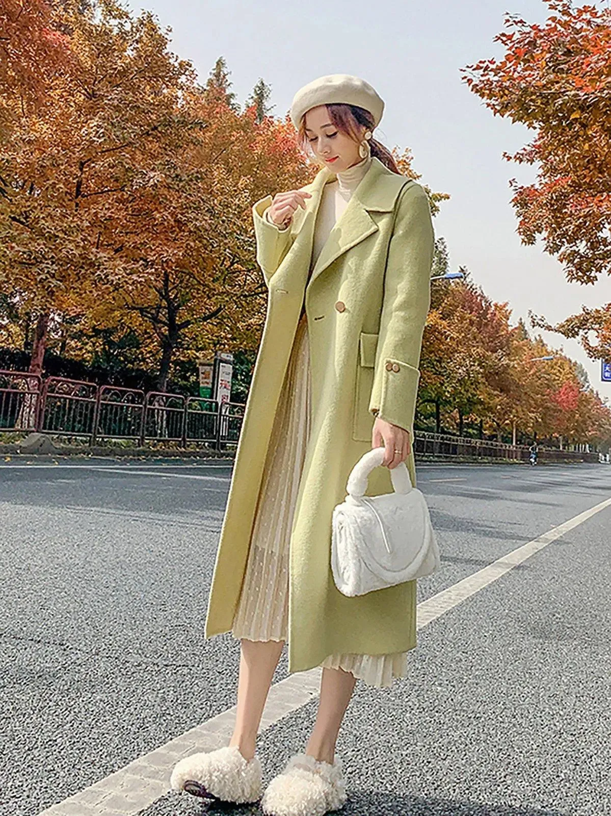 Women's Green Double-Sided wool cashmere coat Loose Oversize Woolen Overcoat Fall Winter Wool Blend Coat Double Breasted Coat Outerwear