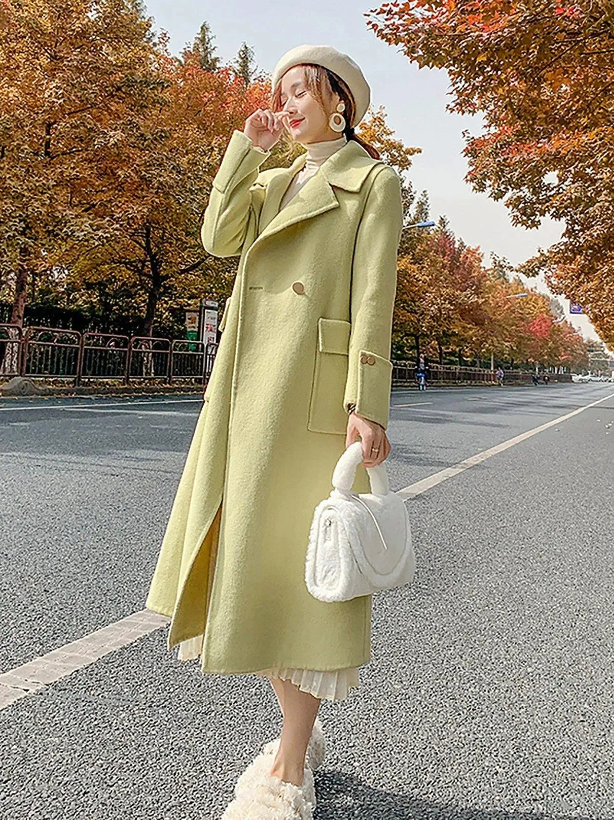 Women's Green Double-Sided wool cashmere coat Loose Oversize Woolen Overcoat Fall Winter Wool Blend Coat Double Breasted Coat Outerwear