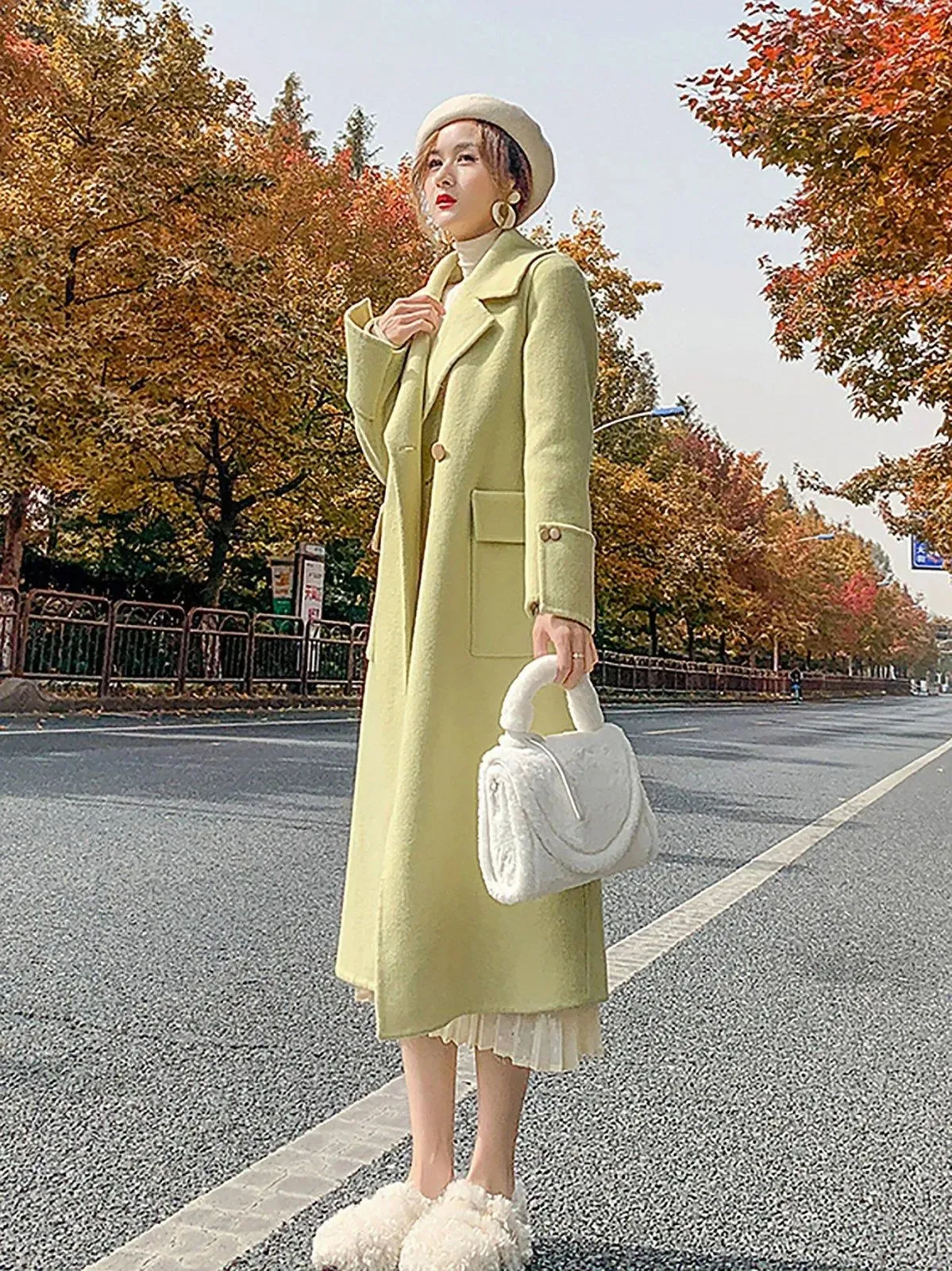 Women's Green Double-Sided wool cashmere coat Loose Oversize Woolen Overcoat Fall Winter Wool Blend Coat Double Breasted Coat Outerwear