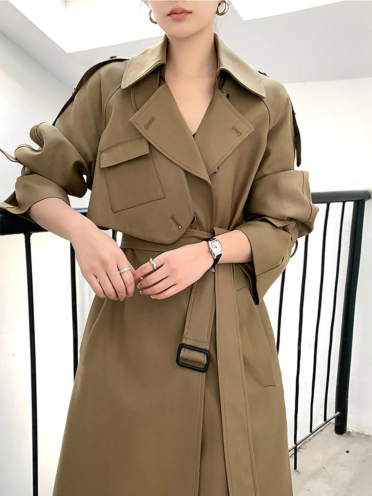 Women's Khaki long trench coat with asymmetrical pockets,Cotton Blend Wrap Trench Coat,Drop Belted Trench Windbreaker Duster Coat Outerwear