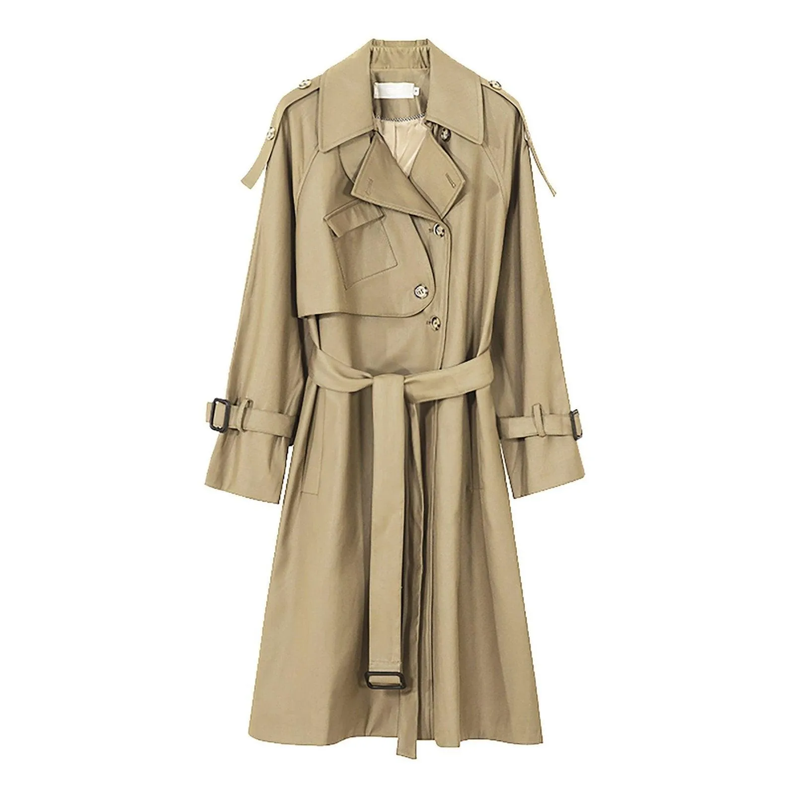 Women's Khaki long trench coat with asymmetrical pockets,Cotton Blend Wrap Trench Coat,Drop Belted Trench Windbreaker Duster Coat Outerwear