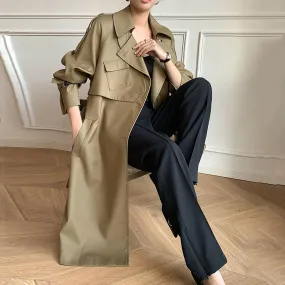 Women's Khaki long trench coat with asymmetrical pockets,Cotton Blend Wrap Trench Coat,Drop Belted Trench Windbreaker Duster Coat Outerwear