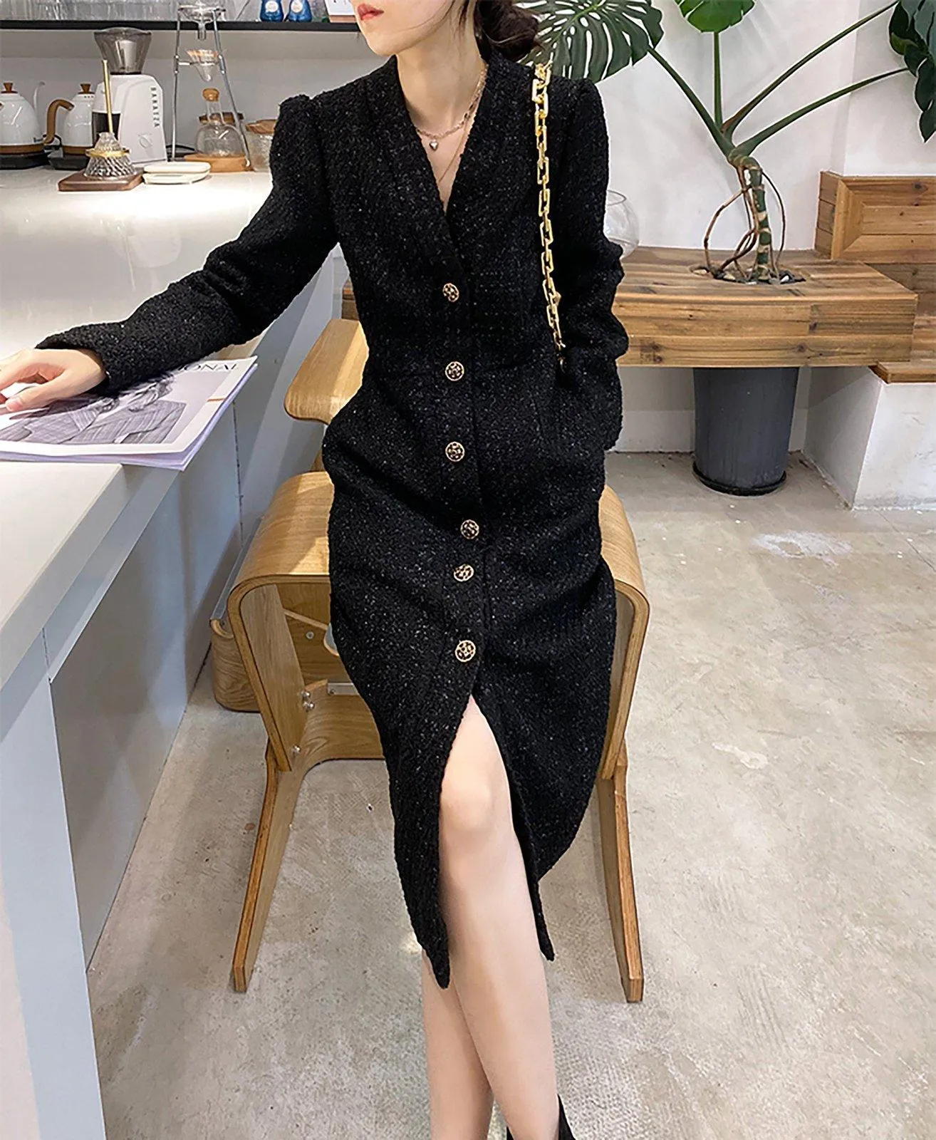 Women's V-Neck Tweed Wool Coat,Single Breasted Wool Trench Dress,Fall Winter Trench Coat,Wool Blend Over Coat,Long Dress,Tweed winter coat