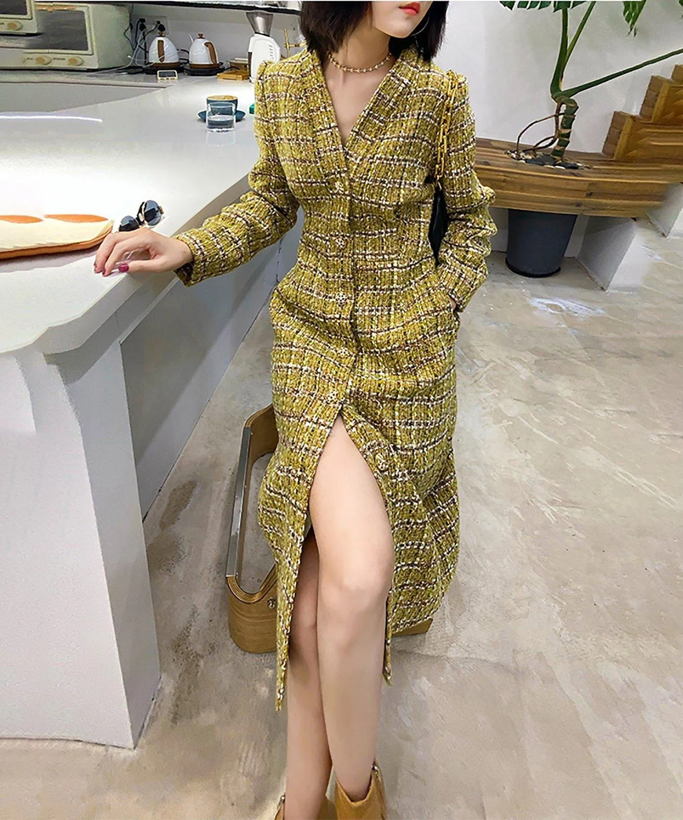 Women's V-Neck Tweed Wool Coat,Single Breasted Wool Trench Dress,Fall Winter Trench Coat,Wool Blend Over Coat,Long Dress,Tweed winter coat