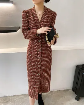 Women's V-Neck Tweed Wool Coat,Single Breasted Wool Trench Dress,Fall Winter Trench Coat,Wool Blend Over Coat,Long Dress,Tweed winter coat