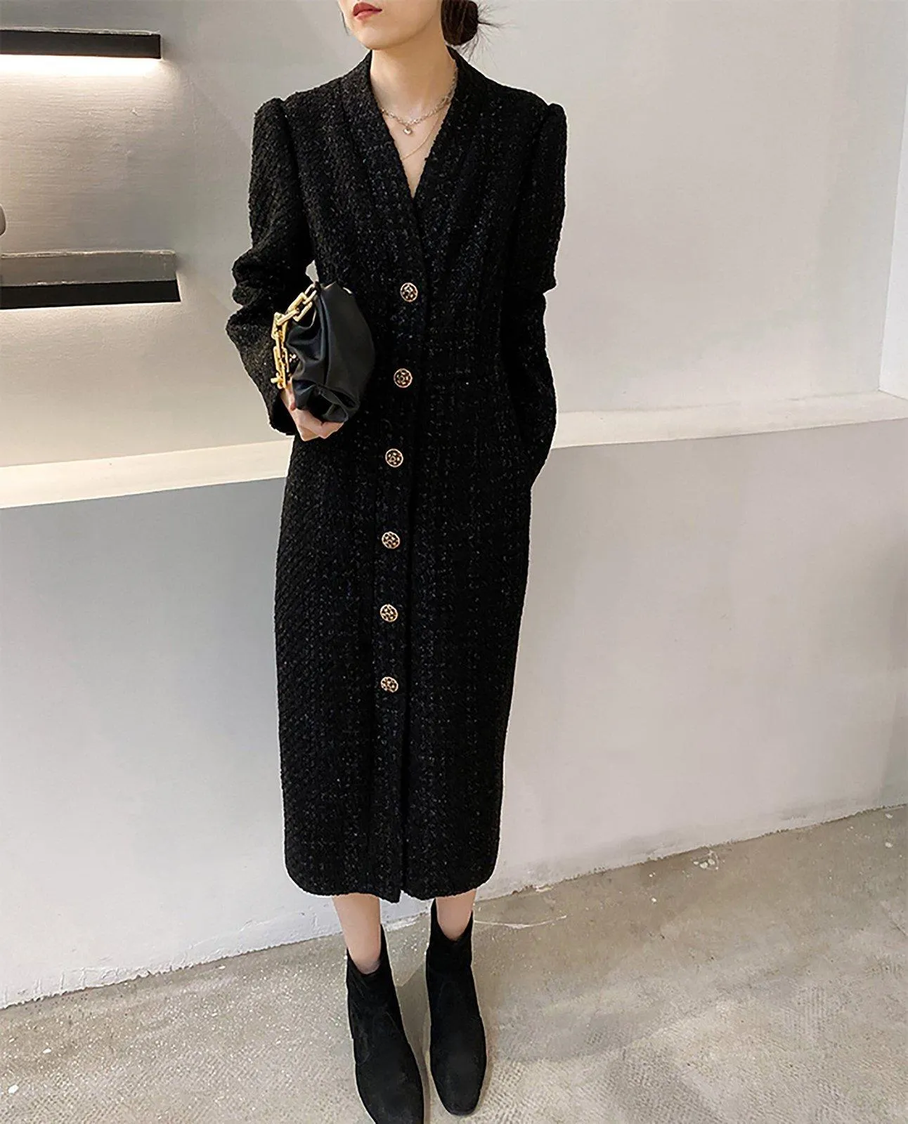 Women's V-Neck Tweed Wool Coat,Single Breasted Wool Trench Dress,Fall Winter Trench Coat,Wool Blend Over Coat,Long Dress,Tweed winter coat