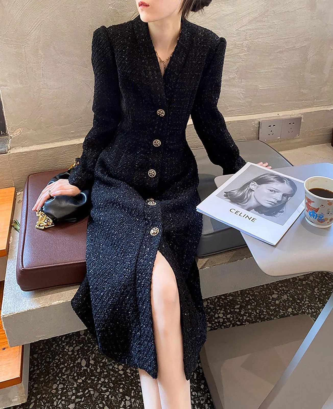 Women's V-Neck Tweed Wool Coat,Single Breasted Wool Trench Dress,Fall Winter Trench Coat,Wool Blend Over Coat,Long Dress,Tweed winter coat