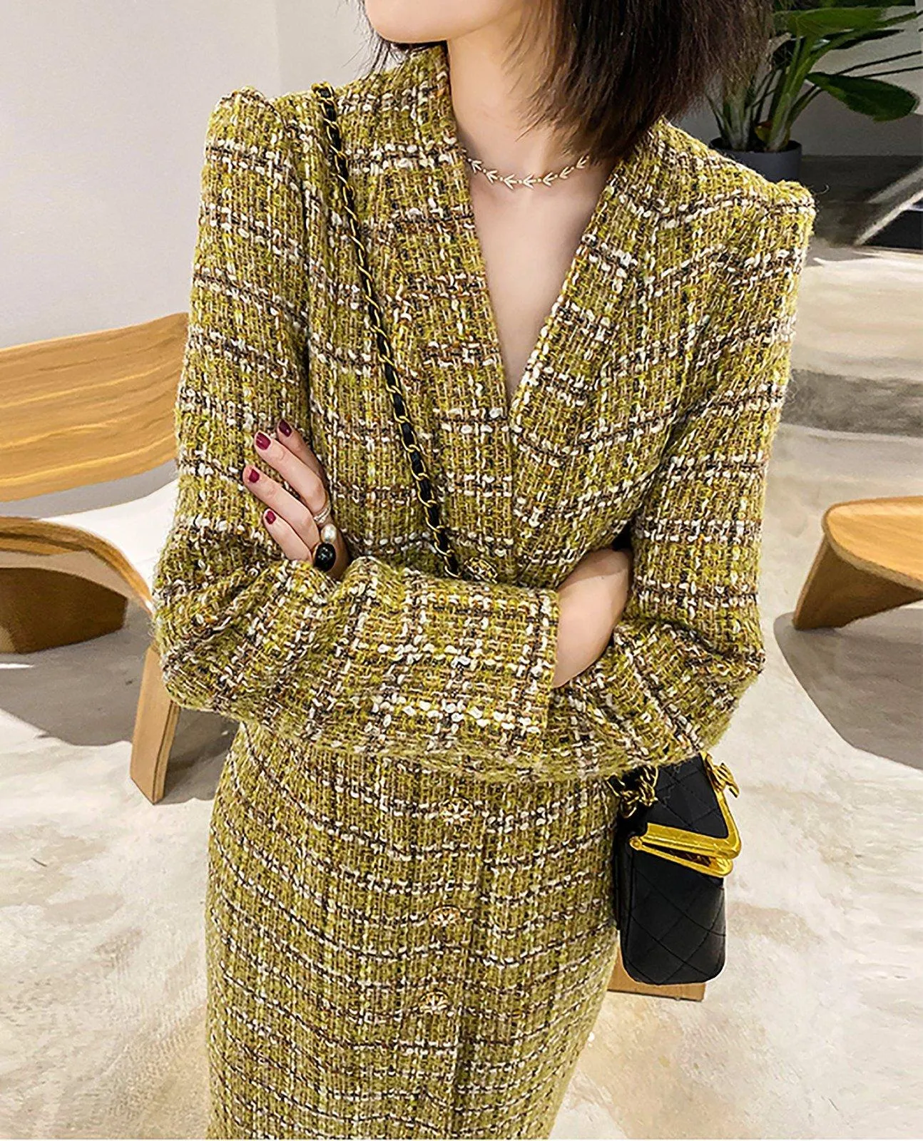 Women's V-Neck Tweed Wool Coat,Single Breasted Wool Trench Dress,Fall Winter Trench Coat,Wool Blend Over Coat,Long Dress,Tweed winter coat