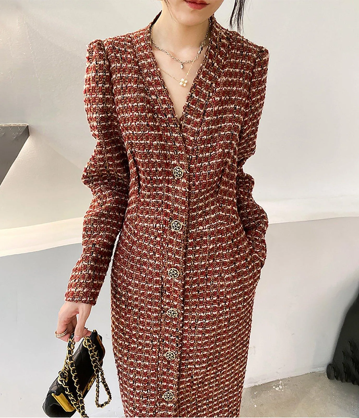 Women's V-Neck Tweed Wool Coat,Single Breasted Wool Trench Dress,Fall Winter Trench Coat,Wool Blend Over Coat,Long Dress,Tweed winter coat